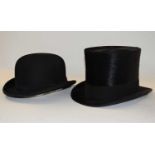 A top hat by Robert Heath, Knightsbridge, in later wooden box, together with a bowler hat by
