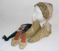 A pair of lady's Victorian shoes, in green silk with blue stiching and cream side laces, leather