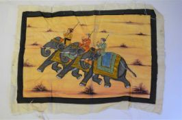 An Indian silk painting of three elephants and riders, 35 x 50cm