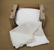 A quantity of white damask tablecloths and other napkins and linens, (qty)