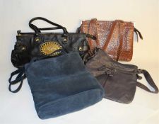 A navy blue suded Bally handbag together with a further brown leather handbag and two others (4)