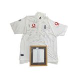 An XL England Cricket shirt signed by various players in black ink, with framed presentation sheet.