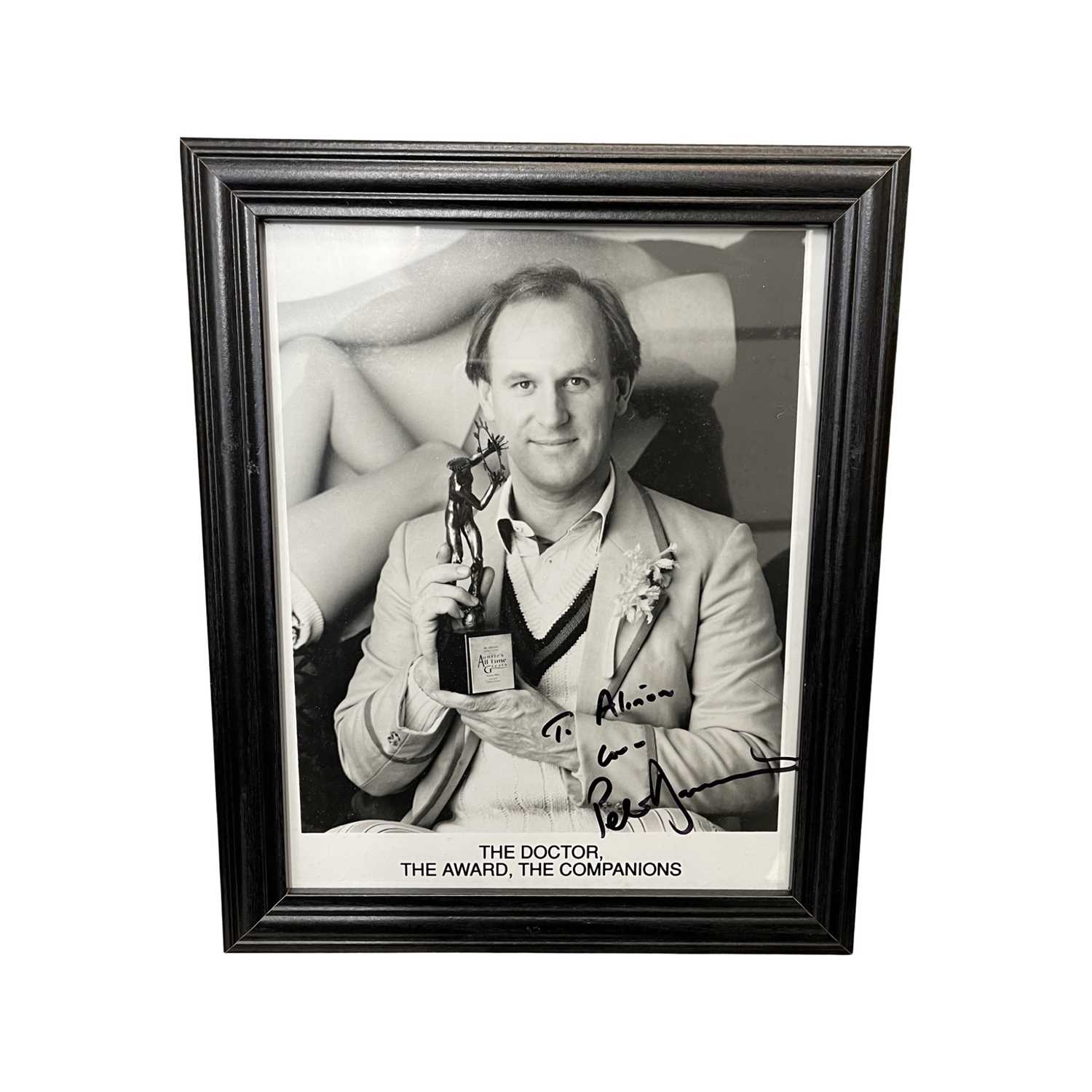 A framed 8x10" black and white photograph, bearing the signature of The Fifth Doctor, Pete