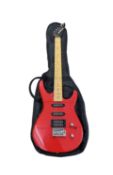 A 1980s 6-string Washburn G-JR-V electric guitar in red. Repair to side of body, some minor paint