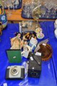 Mixed Lot: Vintage cameras, porcelain flowers, turned wooden chess set, Geisha doll etc