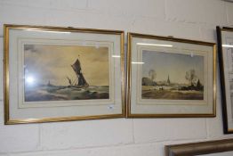 John Snelling, Norwich Cathedral and Putting out to Sea, watercolours, framed and glazed (2)