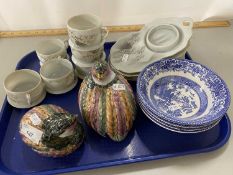 Mixed Lot: Tray to include Japanese tea ware, model partridges etc