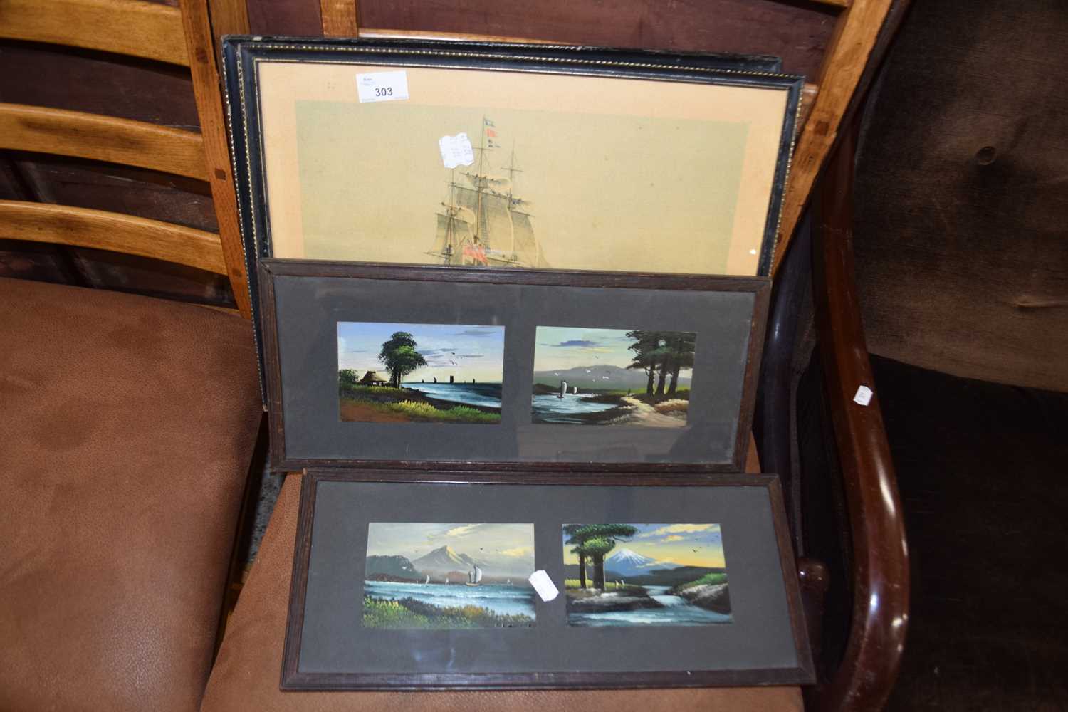 Mixed Lot: A pair of coloured prints of ships together with further small Oriental oil studies
