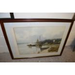 Study of an estuary scene with moored boats, framed and glazed