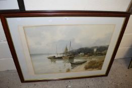 Study of an estuary scene with moored boats, framed and glazed