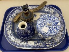 Tray of mixed wares to include a Shelley vase, a large blue and white meat plate, a small Doulton