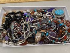 Tray of various assorted bead necklaces and other costume jewellery