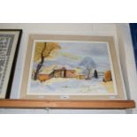 20th Century school study of barns in winter, oil on board, framed