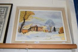 20th Century school study of barns in winter, oil on board, framed