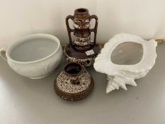 Mixed Lot: West German pottery vase, table lamp base, chamber pot and a shell formed planter