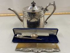 EPNS teapot and silver comb, quill holder and teaspoon (4)
