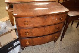 Victorian mahogany veneered bow front three drawer chest, 90cm wide