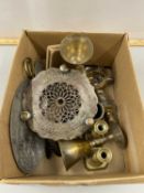 Box of various assorted metal wares to include small brass candlesticks, goblet, small dishes,