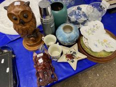Mixed Lot: A large wooden model owl, various assorted ceramics, vintage flask, a Far Eastern