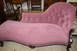 Victorian mahogany framed chaise longue, upholstered in deep lilac coloured fabric, 170cm wide