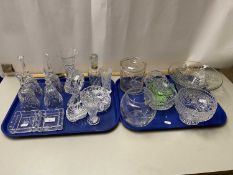 Two trays of various glass wares to include glass bells, bowls, biscuit barrel etc