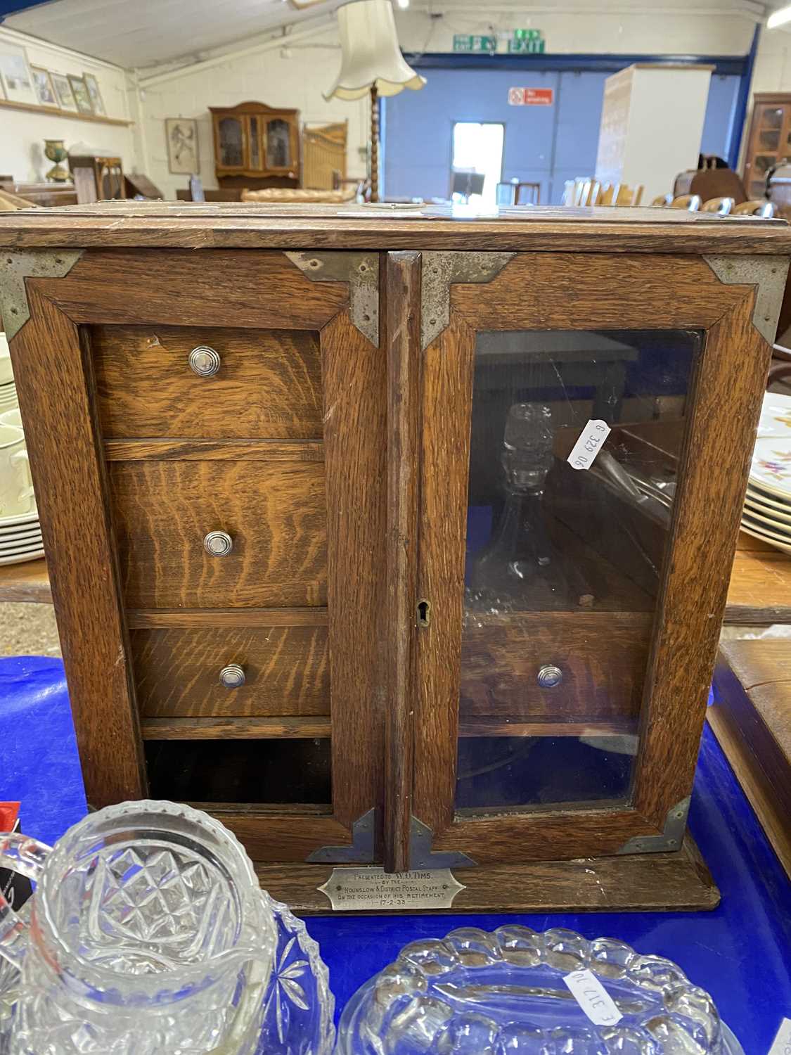 Vintage oak smokers cabinet with fitted interior - glass lacking to one door