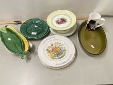 Mixed Lot: Various assorted ceramics to include royalty commemorative plates, cake stands, green