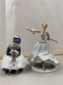 Royal Copenhagen figure of a girl sewing together with a Wallendorf figure of a dancer (2)