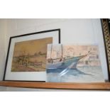 Brian Bowen, Ships in Harbour, watercolour, unframed together with Fishermen at Riverside Docks,