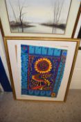 Coloured print, Sunflower, framed and glazed