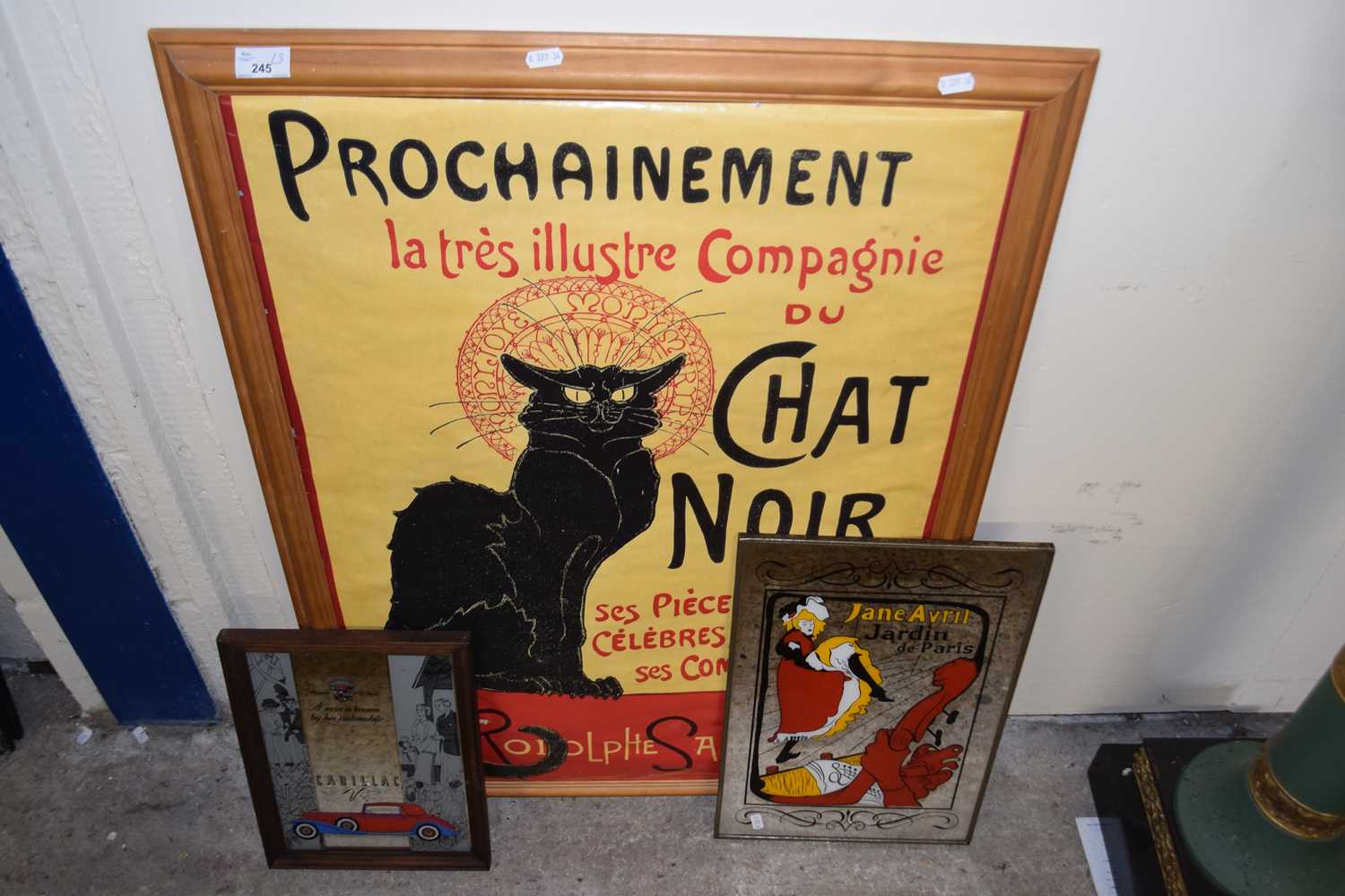Reproduction Chat Noir advertising print together with a further Cadillac advertising mirror and one