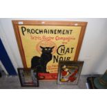 Reproduction Chat Noir advertising print together with a further Cadillac advertising mirror and one