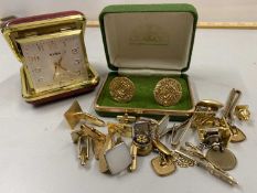 Mixed Lot: Cufflinks, vintage travel clock etc