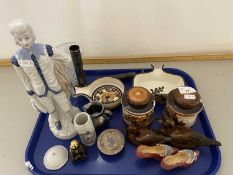 Tray of various mixed ornaments, Jersey pottery, condiment pots and other assorted items