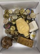 Box of various assorted items to include a reproduction resin snuff bottle, a small soap stone seal,