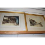 M C Robinson, two coloured engravings, an interior scene and a street view, framed and glazed (2)