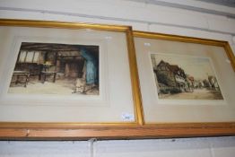M C Robinson, two coloured engravings, an interior scene and a street view, framed and glazed (2)
