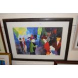 Abstract study of figures, coloured print, framed and glazed