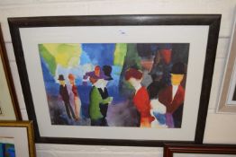 Abstract study of figures, coloured print, framed and glazed