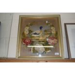 A needlework study, a pair of ducks amongst flowers, framed and glazed