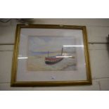 James North, study of a beach scene with moored boats, watercolour, framed and glazed