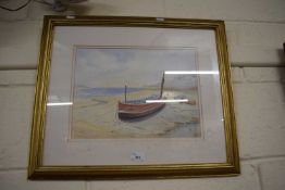 James North, study of a beach scene with moored boats, watercolour, framed and glazed