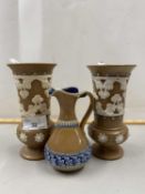 Pair of Doulton Silicon ware cylindrical vases together with a further Doulton Lambeth jug (3)