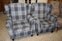 Pair of grey tartan upholstered wing back chairs