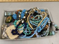 Tray of various assorted bead necklaces and other costume jewellery