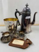 Mixed Lot: Silver plated teapot, various tea strainers, condiments items, cutlery etc