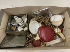Box of various assorted costume jewellery, selection of assorted base metal cased pocket watches,