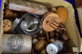 Box of various wooden wares, thimbles and other assorted items