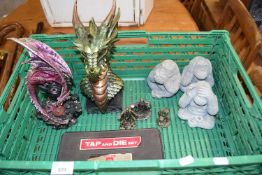 Mixed Lot: A tap and die set along with two model dragons and a quantity of other figurines