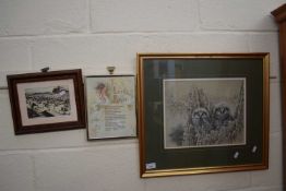 Print of owls together with a copy of the Lords Prayer and a seaside print, all framed and glazed